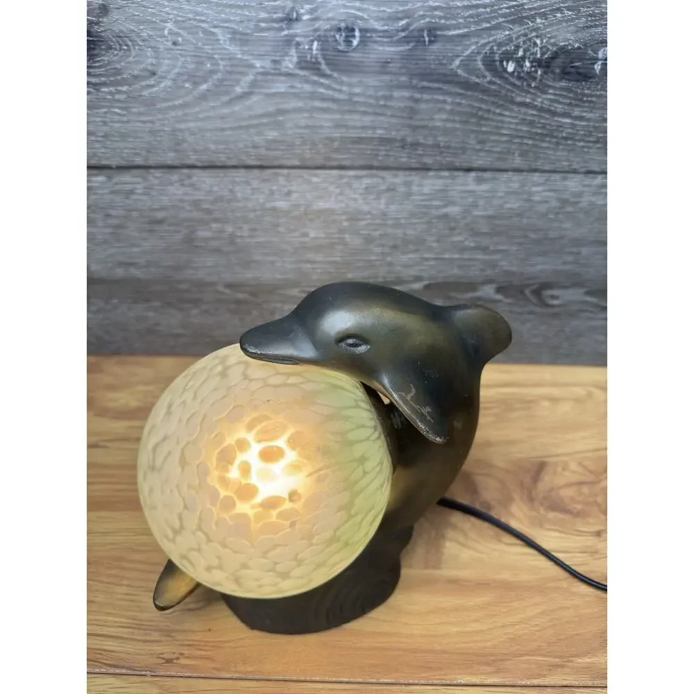 Vtg Art Deco Dolphin TV Lamp Figural Metal Bronze Tone Satin Glass Globe Light